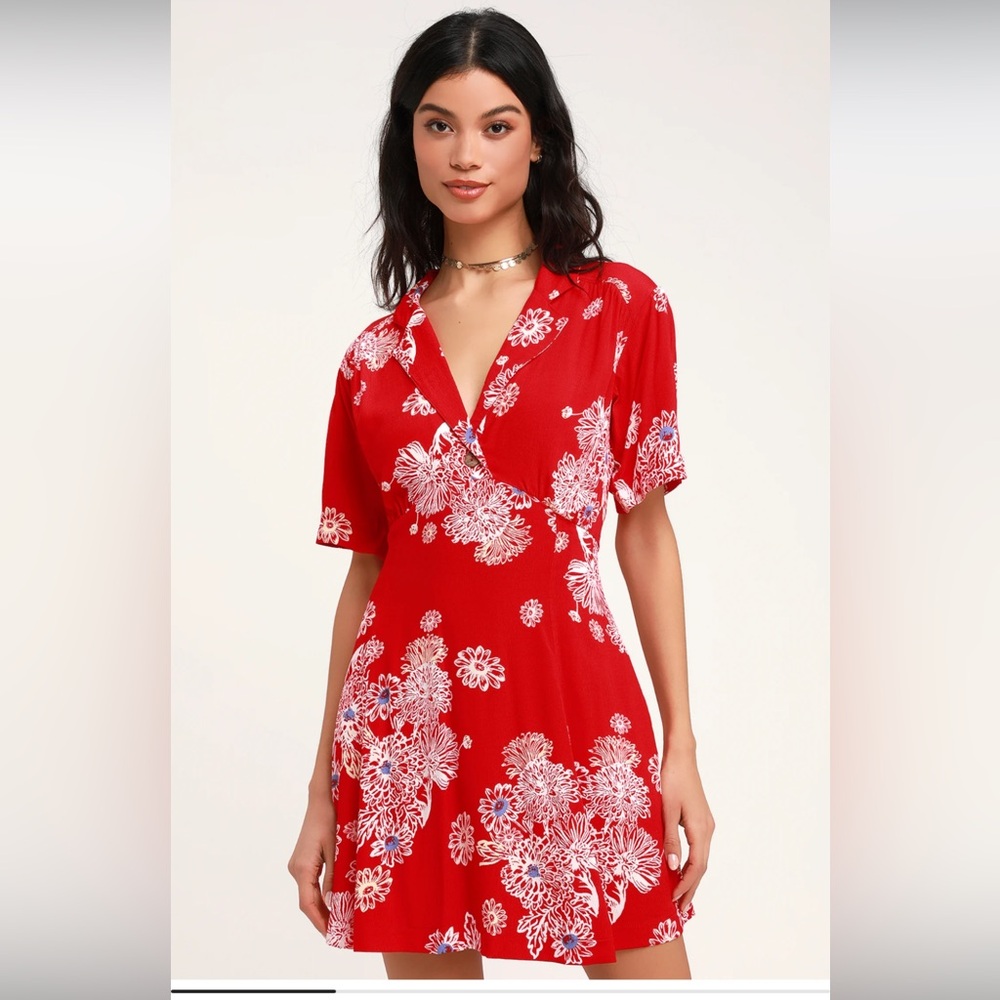Free People Blue Hawaii Red Floral Print Short Sleeve Mini Dress Women's Size L